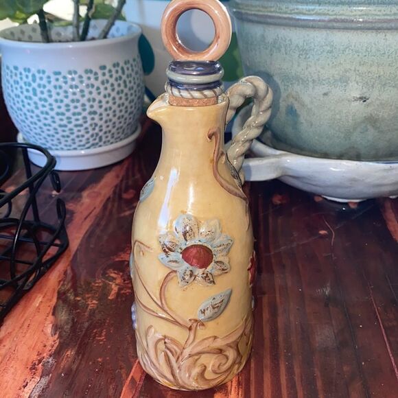 3 Piece Set of Colorful Artisan Oil & Vinegar Ceramic Bottles Black Metal Caddy - Picture 6 of 9